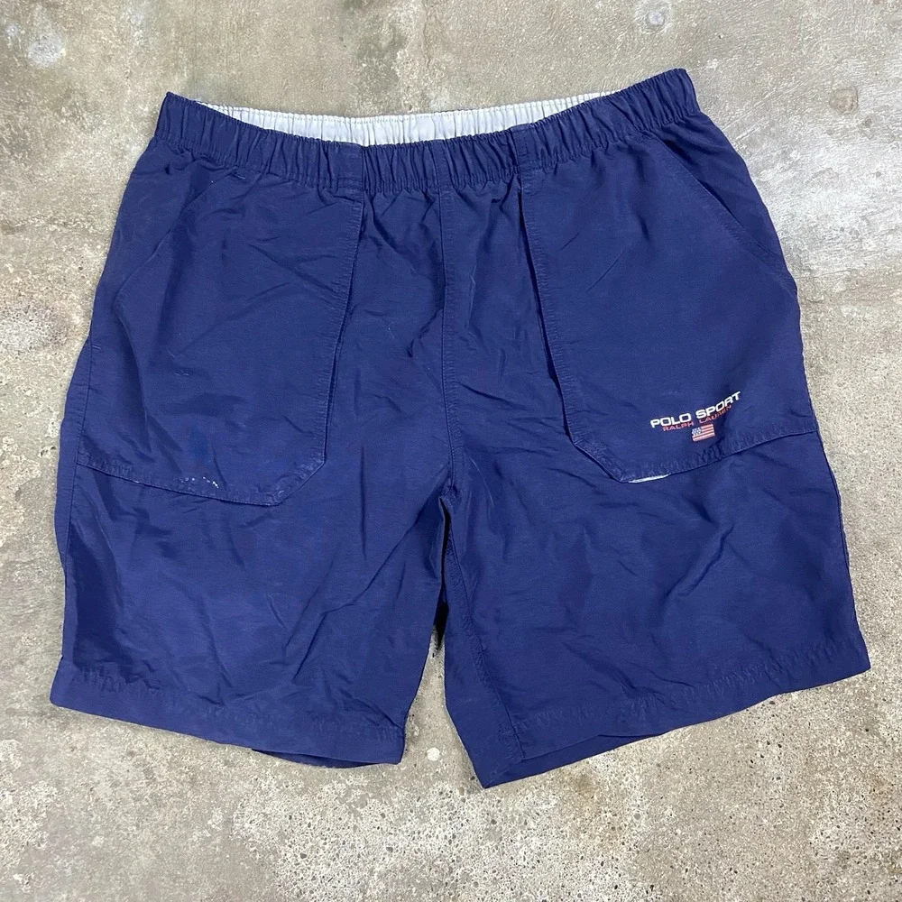 Vintage 90s Polo Sport Swim Trunks Size Large Navy Blue Flag Logo Outdoor Wear